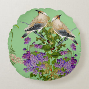 Natur Grün Wasserfarbe Floral Vogel Flieder Blüte Rundes Kissen