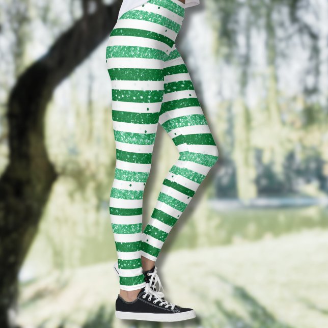 Natur Grün Weiß Horizontale Glitter Streifen Leggings (Von Creator hochgeladen)