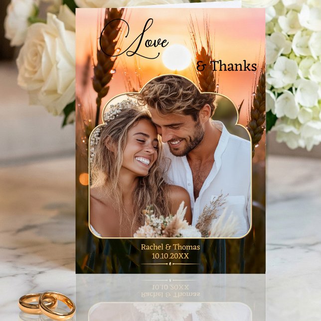 Natur-Hochzeitsfoto Sonnenuntergang  Dankeskarte (Wedding Thank You note card featuring your photo framed by a colorful sunset over a country scene)