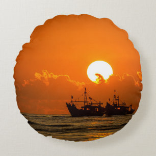 Natur Landschaft Sonnenuntergang mit Boot-68465 Rundes Kissen