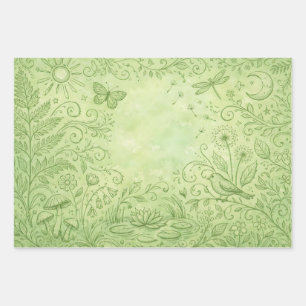Natur-, Pflanzen- und Wildlife-Elemente Pastellgrü Geschenkpapier Set