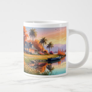 Natur Sonnenuntergang Malerei mit See, Hütte Jumbo-Tasse