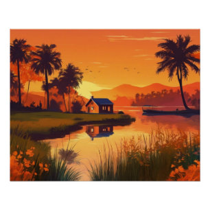 Natur Sonnenuntergang Malerei mit See, Hütte Poster
