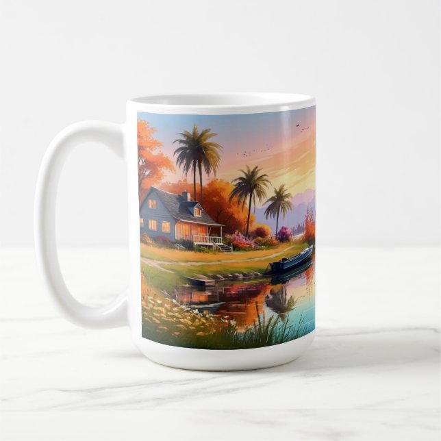 Natur-Sonnenuntergangs-Gemälde mit See, Cottage  Kaffeetasse (Links)