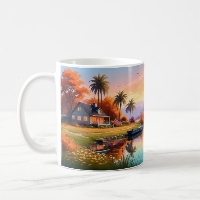Natur-Sonnenuntergangs-Gemälde mit See, Cottage  Kaffeetasse (Links)