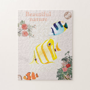 Natur Vintage Modern Fisch Blumen Blätter Puzzle