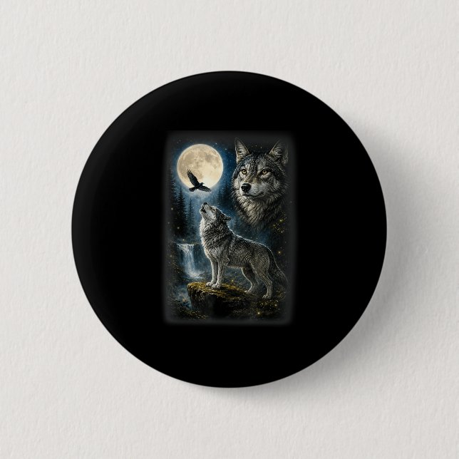 Natur Wolf Wald Bäume Wölfe Wildtier Mond Button (Vorderseite)