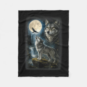 Natur Wolf Wald Bäume Wölfe Wildtier Mond Fleecedecke
