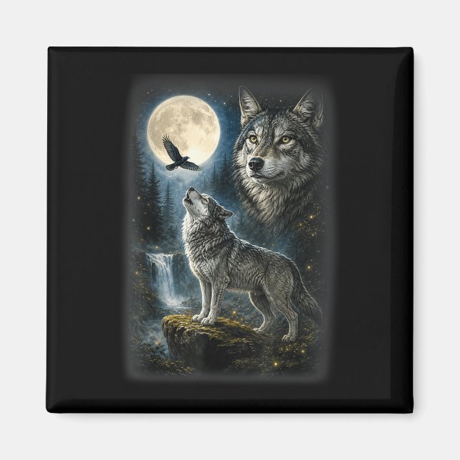 Natur Wolf Wald Bäume Wölfe Wildtier Mond Magnet (Vorne)