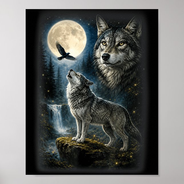 Natur Wolf Wald Bäume Wölfe Wildtier Mond Poster (Vorne)