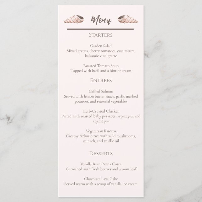 Natural Elegant Beach Seashell Flat Menu Card Menükarte (Vorderseite)