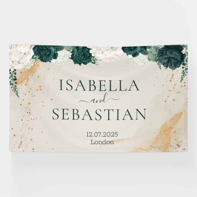 Natural Emerald Green & Blush Rose Floral Wedding Banner (Horizontal)