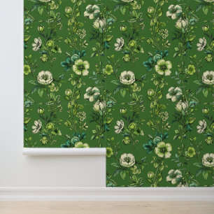 Natural Green and White Floral Peel and Stick Tapete
