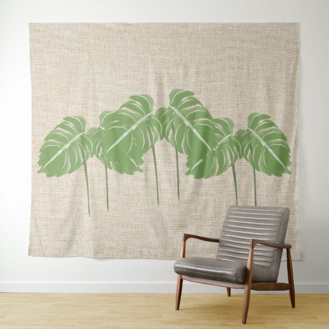 Natural Linen Texture Monstera Blätter Wasserfarbe Wandteppich (Beispiel (Horizontal))