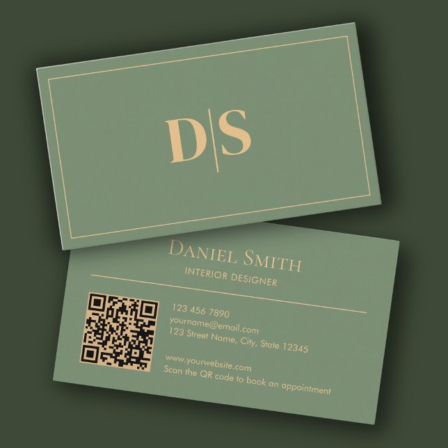 Natural Minimalist Muted Green Initials QR Code Visitenkarte (Modern minimalist muted green professional business card)