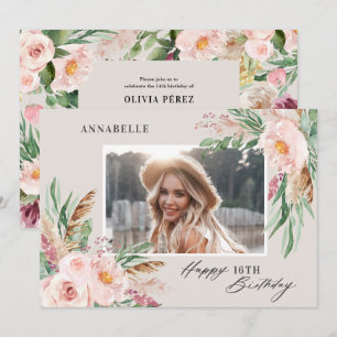 Natural Pink mädchenhaftes Foto Geburtstag Einladung