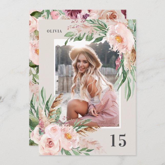 Natural Pink mädchenhaftes Foto Geburtstag Einladung (Vorne/Hinten)