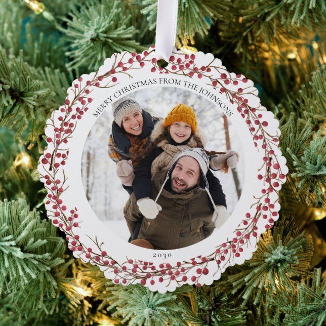 Natural Red Berry Frohe Weihnachts Foto Wreath Ornament Karte (Insitu (Baum))