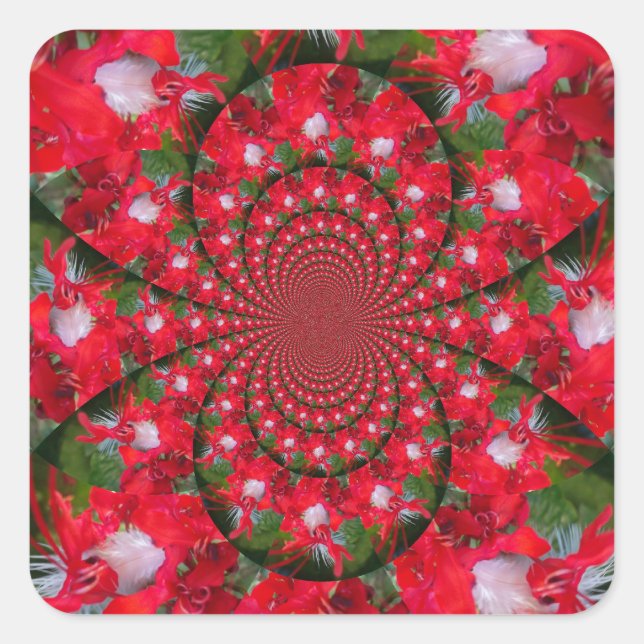 Natural Red Blume White Feather kaleidoscope art Quadratischer Aufkleber (Vorderseite)