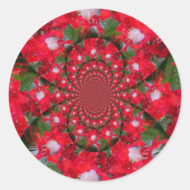 Natural Red Blume White Feather kaleidoscope art Runder Aufkleber (Vorderseite)