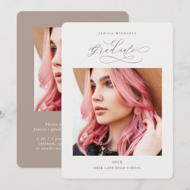 Natural Taupe Graduate 2 Foto Graduation Party Einladung (Vorne/Hinten)