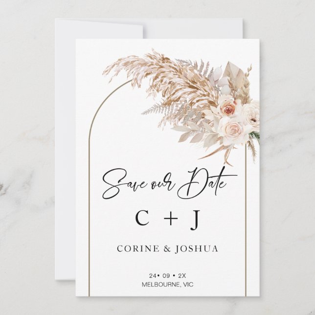 Natural Tones Arch Dry Floral Save the Date Card Einladung (Vorderseite)