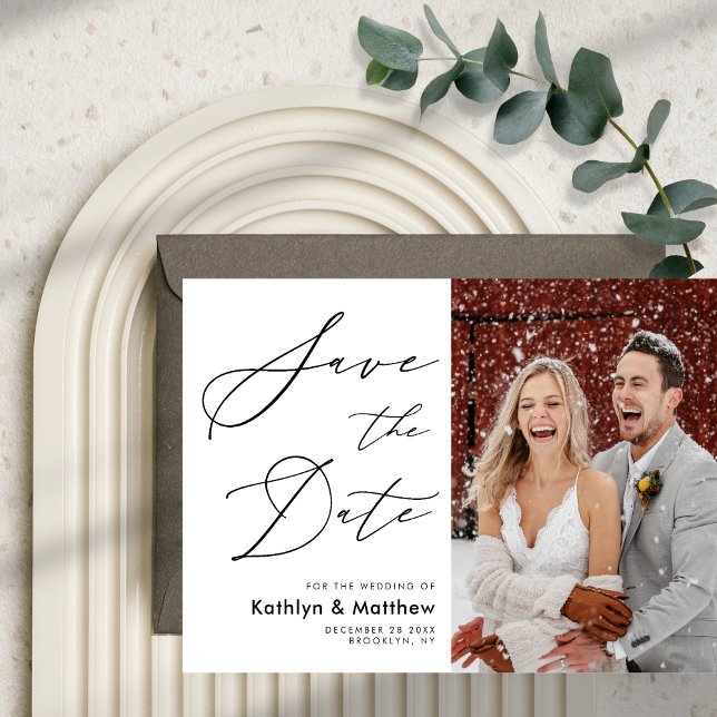 Natural White Elegant Script Moderne Foto Hochzeit Save The Date (Von Creator hochgeladen)