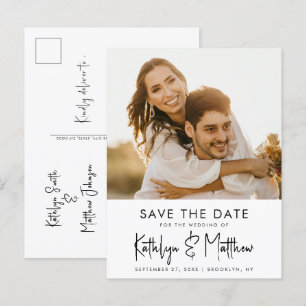 Natural White Fun Script Moderne Foto Wedding Gere Ankündigungspostkarte