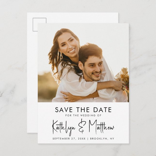 Natural White Fun Script Moderne Foto Wedding Gere Ankündigungspostkarte (Vorne/Hinten)