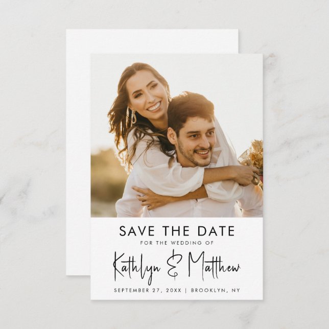 Natural White Fun Script Modernes Foto Hochzeit Save The Date (Vorne/Hinten)