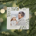Naturally Joyful | Botanical Personalized Photo Keramikornament<br><div class="desc">This holiday season,  commemorate a special year with this elegant personalized photo Christmas ornament. Graceful sprigs of muted green painted watercolor mistletoe frame your photo,  with your name and the year. Add a second photo to the reverse side.</div>