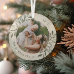 Naturally Joyful | Botanical Personalized Photo Ornament Aus Glas<br><div class="desc">This holiday season,  commemorate a special year with this elegant personalized photo Christmas ornament. Graceful sprigs of muted green painted watercolor mistletoe frame your photo,  with your name and the year curving around.</div>