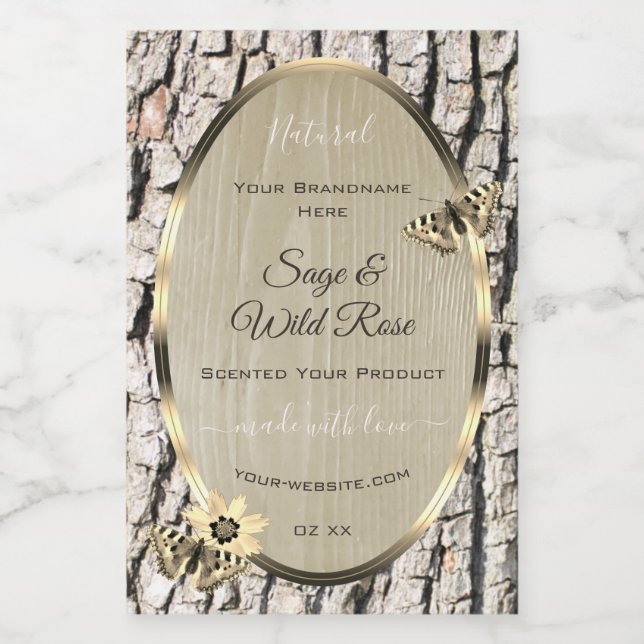 Naturbeige Tree Bark Gold Frame Produktkennzeichnu Lebensmitteletikett (Einzelnes Label)