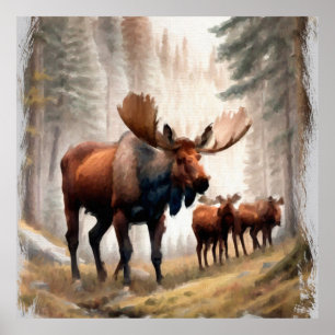 *~* Nature AP49 MOOSE Forest Woods Herd Poster