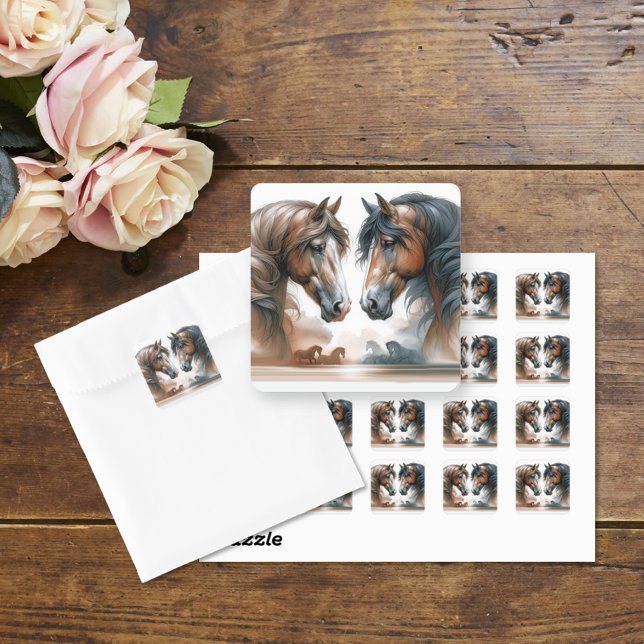 Nature Brown Horses Wedding Quadratischer Aufkleber (Von Creator hochgeladen)