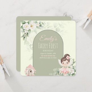 Nature Cute Flower Fairy 1st Birthday Invitation Einladung