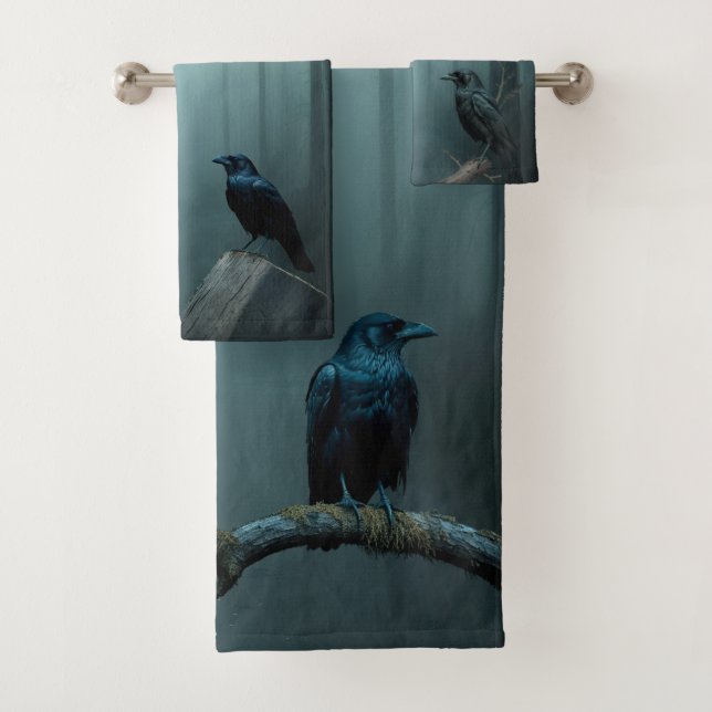 Nature Foggy Forest Bird Ravens and Crows Badhandtuch Set (Insitu)