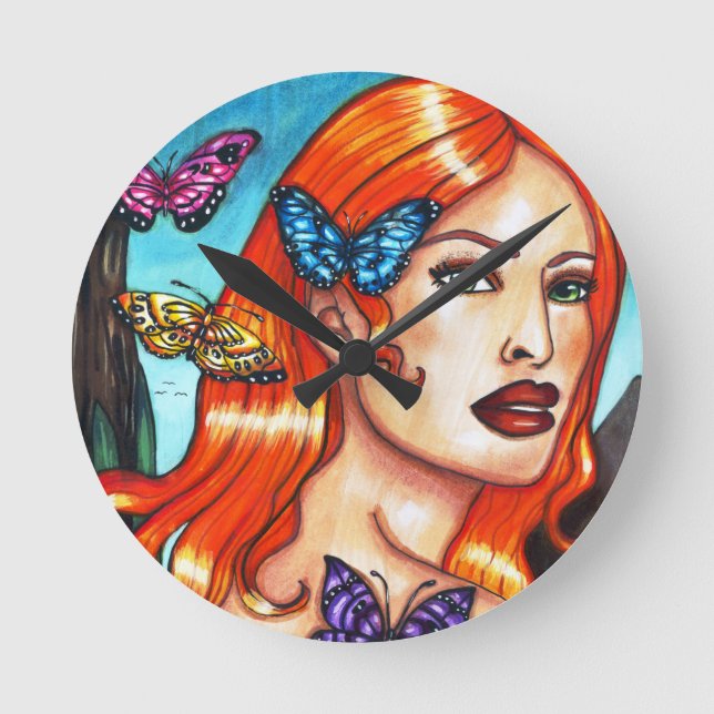 Nature Girl Butterfets originale Fantasy Art Canva Runde Wanduhr (Vorderseite)
