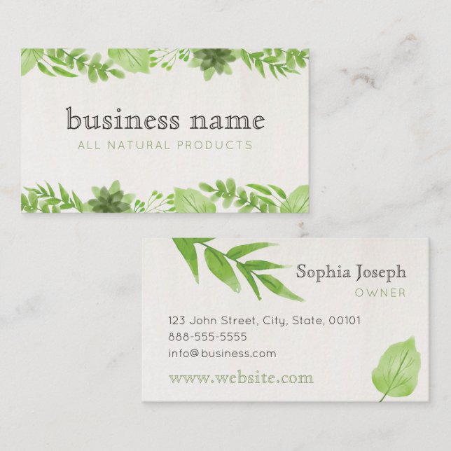 Nature Green Blätter auf Khaki Business Card Visitenkarte (Vorne/Hinten)