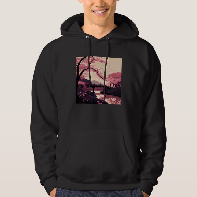 Nature Inspired Cherry Blossom River and Bridge Hoodie (Vorderseite)