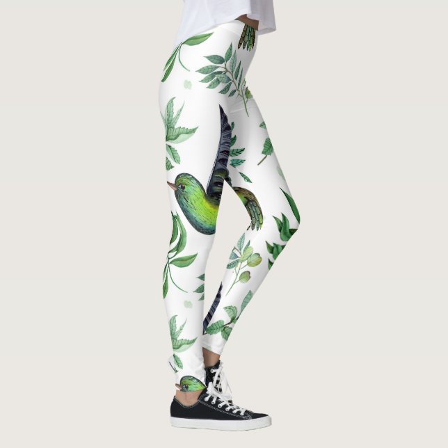 Nature-Inspirierte Grünblütenmuster-Blume Vogelmus Leggings (Rechts)