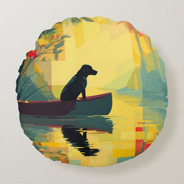 Nature Minimalist Black Labrador Canoe Rundes Kissen (Vorderseite)