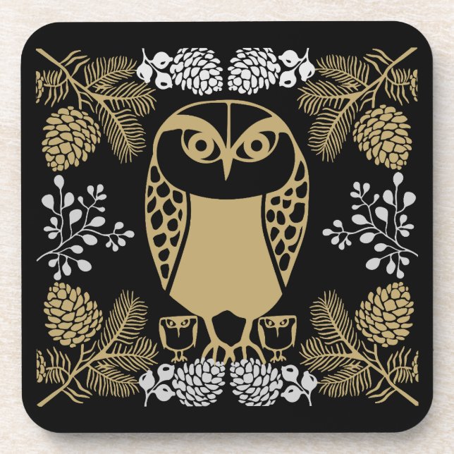 Nature Owl Folk Art Getränkeuntersetzer (Vorderseite)