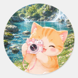 Nature Photographer: Cute Kitten with Camera Runder Aufkleber