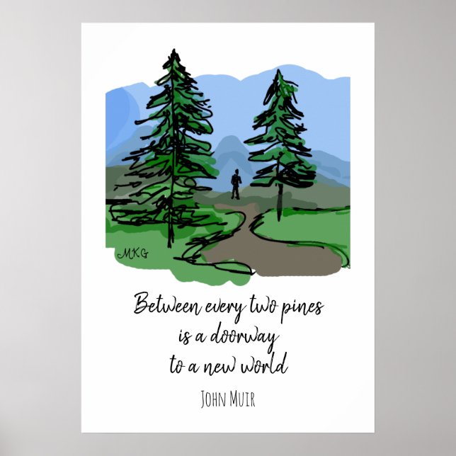 Nature Quote Hand gezogene Pinienbäume Wandern im  Poster (Vorne)