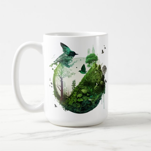 Nature’s Symphony Vibrant Green Landscape wth Bird Kaffeetasse (Links)