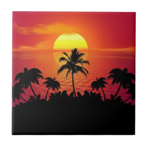 Nature Sunset Palm Trees Illustrations Square Pape Fliese
