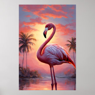 Nature Sunset Pink Flamingo Vintag Poster