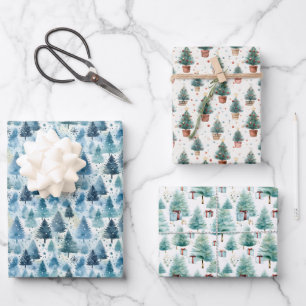 Nature Themed Watercolor Weihnachtsbaummuster Geschenkpapier Set