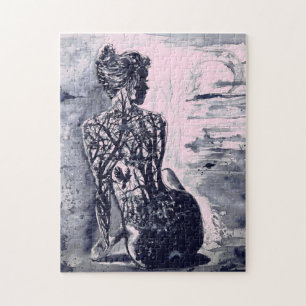 Naturedame - Schwarz-Weiß-Aquarellmalerei Puzzle